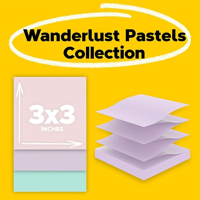 Post-it 100% Recycled Paper Super Sticky Pop-up Notes, 18 Sticky Note Pads, 3 in. x 3 in., Sticky Notes for Vertical Surfaces, Monitors, Walls and Windows, Wanderlust Pastels Collection