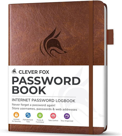 Clever Fox Password Book with Alphabetical tabs. Internet Address Organizer Logbook. Small Pocket Password Keeper for Website Logins (Brown)