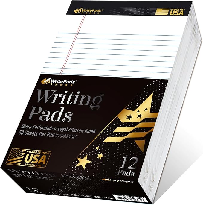 KAISA Small Legal Pads 5" x 8" Note Pads, Narrow Ruled Writing Pads, 50 Sheets Perforated Notepads, 20lb Heavyweight Rigid Back Premium Legal Pads, White Paper Pads, 12Pads