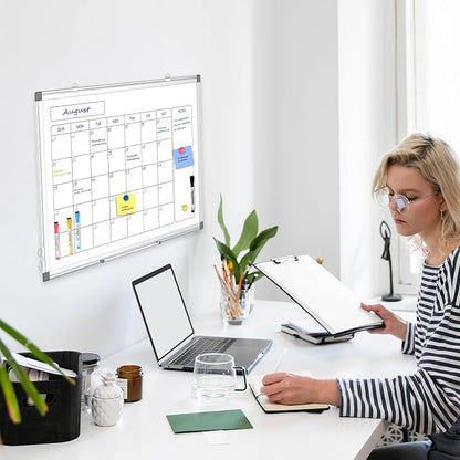 Monthly Calendar Dry Erase Whiteboard for Wall, 24" x 18" Magnetic Calendar White Board, Double-Sided Portable Board for Office, Kitchen, School, Home
