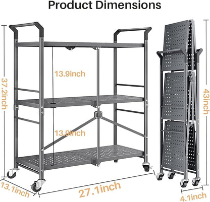 Rolling Utility Cart Folding Cart with Wheels - 3 Tier Collapsible Metal Cart, Large Capacity