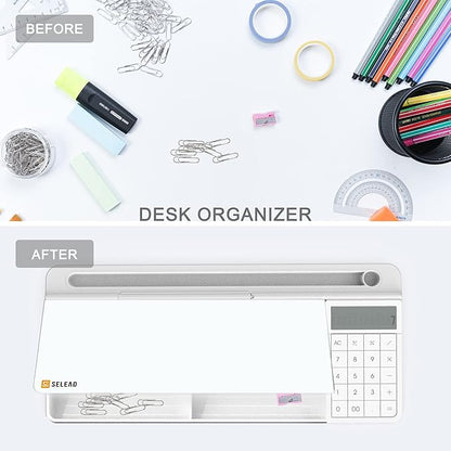 SELEAD Desktop Glass Whiteboard with Calculator, Organizer, Markers, Eraser, Holder - Small Dry Erase White Board Computer Pad Keyboard Stand for Home, School, Office Desk Cubicle Accessories