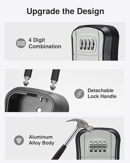 Puroma Key Lock Box, Portable Combination Lockbox Wall-Mounted Key Storage Box for House Keys, Resettable Code Safe Security Lock Box for Home, Office, Apartment Spare Key Storage (2 Pack, Gray)