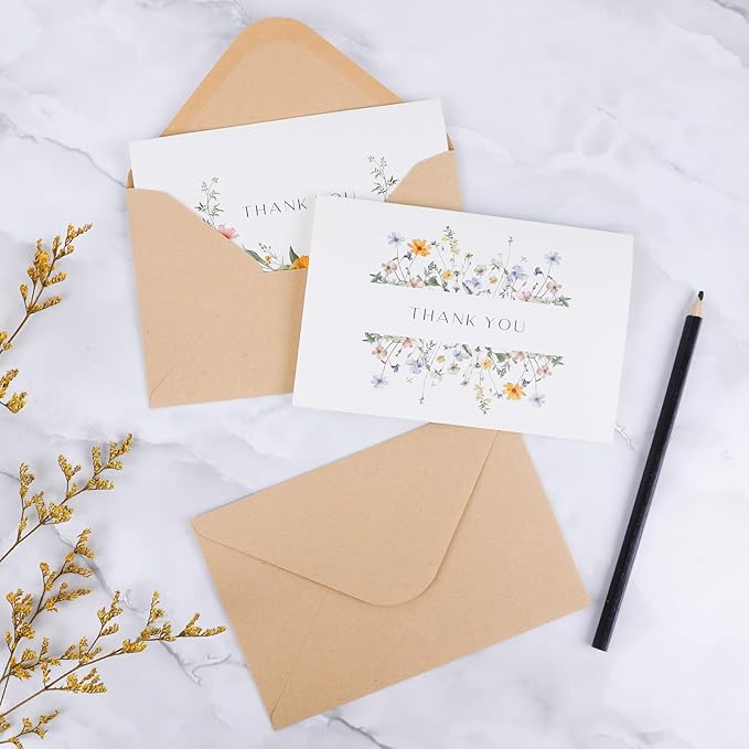 Thank You Cards with Envelopes(25 pack 4x6), Blank Cards with 5 Wildflower Designs, Perfect for Bridal Shower, Baby Shower, Wedding, Birthday, All Occasion