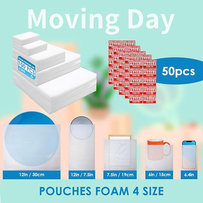 100 Pack Cushion Foam Pouches 5 Sizes wrap pouches dish packing kit (4"x6",6"x6",7.5"x7.5",7.5"x12",12"x12")Packing Supplies for Moving Packing Materials For Fragile Items Incidental50Fragile Stickers