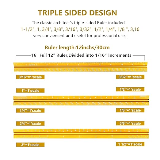 Architectural Scale Ruler, Imperial Measurements 12'', Laser-Etched Aluminum Architect Triangular Ruler Gold for Architects, Students, Draftsman, and Engineers by mveohos