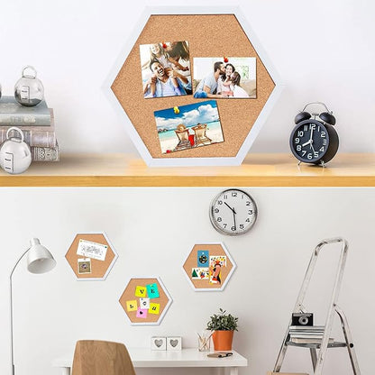 Cork Bulletin Board Hexagon White, Small Framed Corkboard Tiles for Wall, Thick Decorative Display Boards for Home Office Decor, School Message Board (4 Pack)