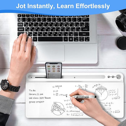 Desktop Glass Whiteboard with Storage, Desk White Board with Computer Keyboard Stand, White Dry Erase Board with Drawers for Home, School, Office Desk Organizers and Accessories