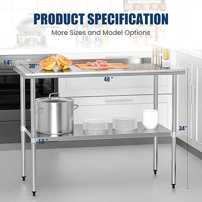 Stainless Steel Table 30 x 48 Inches Metal Prep Table with Backsplash & Adjustable Undershelf, Stainless Table for Commercial Kitchen, Outdoor, Restaurant, Hotel & Garage