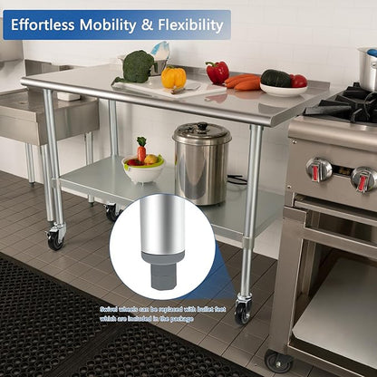 HARDURA Stainless Steel Table 24 x 72 Inches with Wheels Casters NSF Heavy Duty Commercial Prep Table with 2” Backsplash and Adjustable Undershelf for Restaurant Kitchen Home and Hotel