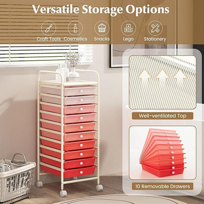 Storage Cart, Rolling Utility Cart with 10 Drawers, Portable Handles & Lockable Wheels, Mobile Paper Toys Storage Organizer Large Capacity for Home Office School Teacher (Gradient Pink)