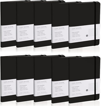 Lined Journal Notebook, 10Pack(Black), 160 Pages, Medium 5.7 inches x 8 inches - 100 gsm Thick Paper, Hardcover