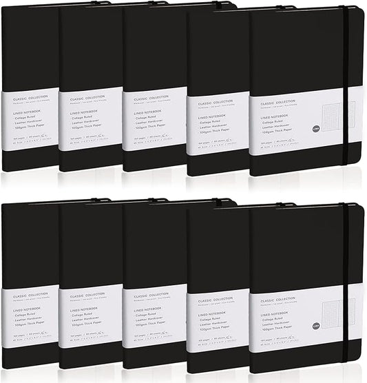 Lined Journal Notebook, 10Pack(Black), 160 Pages, Medium 5.7 inches x 8 inches - 100 gsm Thick Paper, Hardcover