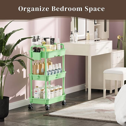3 Tier Rolling Utility Cart with Drawer, Utility Storage Organizer with Plastic Shelf & Lockable Wheels Multifunctional Storage Cart for Kitchen, Bathroom, Office, Living Room, Green