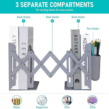 SAYEEC Adjustable Bookends with Pen Holder Expandable Book Ends for Heavy Books Plastic Desk Book Holder Book Stopper Bookcase Magazine Binder Organizer Rack for Shelves Office School Home (Grey)