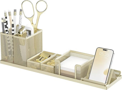 SUPEASY Pen Holder for Desk, 6 Piece Mesh Desk Organizer set, Desk Accessories for Office Organization with Mail Organizer, Letter Phone Holder, Sticky Notes Caddy Storage, Golden Yellow