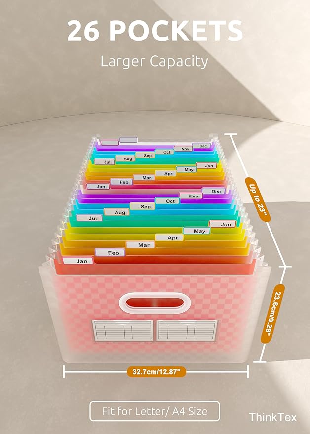 ThinkTex 26 Pockets Expanding File Folder, Upright & Open Top, A-Z Colorful Tabs, Larger Capacity Accordian Folder, Letter/A4 Size for School, Home and Office - Pink