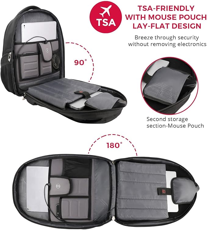 Swissdigital Design TSA Laptop Backpack Men's USB Charging Port Large Capacity Business Travel Backpack Black| With Apple Find My Network (TERABYTE J16BTFB-41) One Nation One World