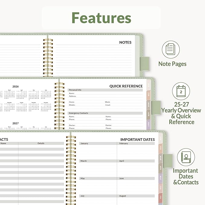 SUNEE 2026 Weekly & Monthly Planner 6.4"x8.5"- 12 Month (January 2026 - December 2026), Vegan Leather Cover, Pocket, Bookmark, Notes, Monthly Tab, Sage Green