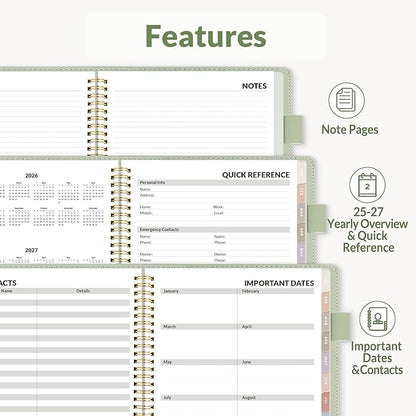 SUNEE 2026 Weekly & Monthly Planner 6.4"x8.5"- 12 Month (January 2026 - December 2026), Vegan Leather Cover, Pocket, Bookmark, Notes, Monthly Tab, Sage Green