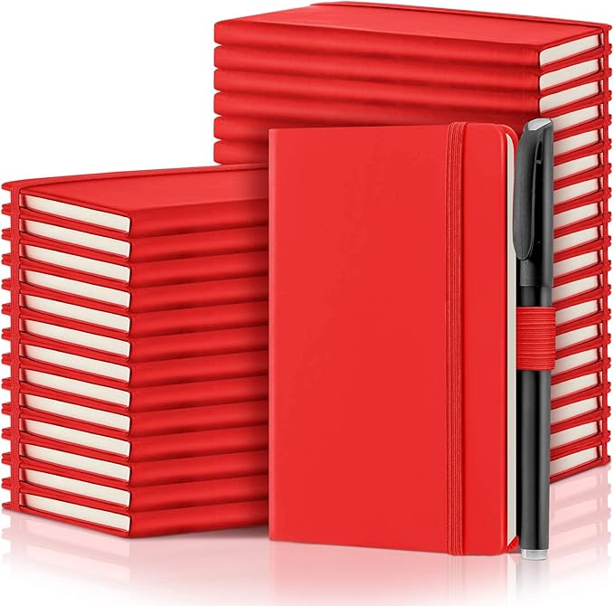 Laumoi 36 Sets Pocket Notebook Journals with Pens A6 Cute Small Journal Notebook Ruled Lined Mini Notepad Hardcover Executive Notebooks Set with Pen Holder for School Office, 3.7 x 5.7 Inch (Red)