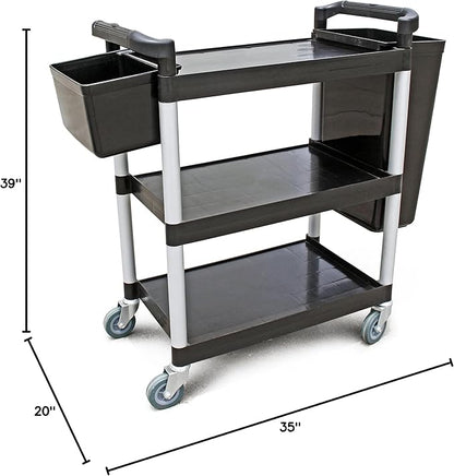 New Star Foodservice 54538 250-Pound Plastic 3-Tier Utility Bus Cart with Locking Casters, 32" x 16" x 38", Black