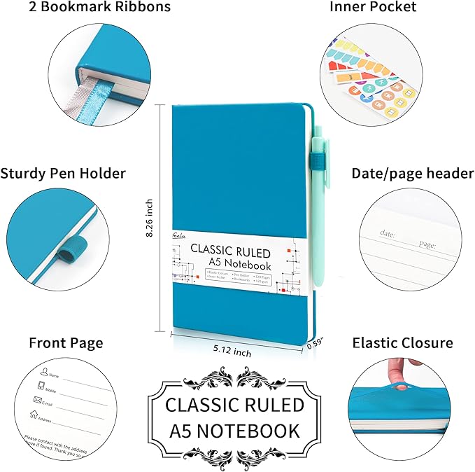5 Pack Journal Notebook Bulk for School, Feela Hardcover Business Notebooks Classic Ruled Lined Journals with Pen Holder for Work Note Taking, with 5 Black Pens, 120 GSM, 5.1”x8.3”, A5, Teal