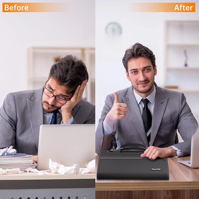 Tamfile Fireproof Accordion File Organizer with Handle, 13 Pocket Transparent Expanding File Folder with Zipper & Labels, File Folder with Multi-Pockets Paper Organizer Folder for Letter A4 Files