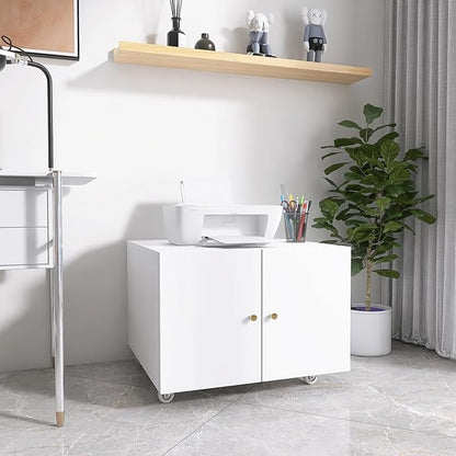 Under Desk Printer Stand with Wheels, Low Printer Stand Storage, Filing Cabinet with Paper Storage Shelf, File Carts with 2 Doors, Mobile Printer Holder for Home Office, School, White