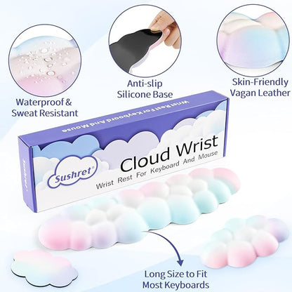 Cloud Wrist Rest Keyboard, Cloud Palm Rest Set with PU Leather Memory Foam, Cute Keyboard Rest for Wrist Support and Arm Rest, Desk Cloud Wrist Pad for PC/Gaming/Hand Cushion/Computer-Rainbow