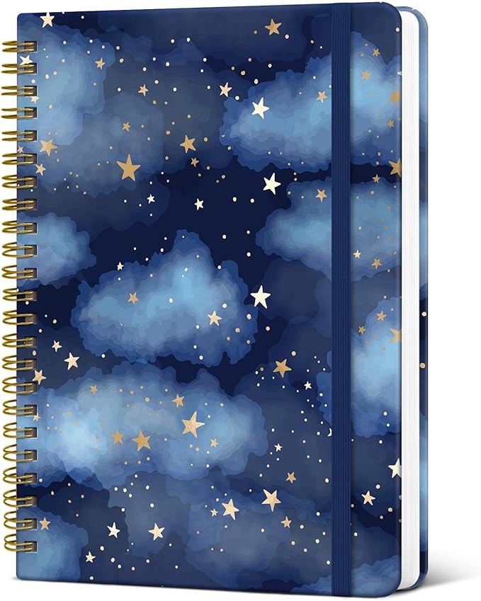 Lined Spiral Journal Notebook for Women, Pretty A5 College Ruled Hardcover Notebook for Work & Note Taking, Cute Aesthetic Journal for Writing, 140 Pages, Starry Night