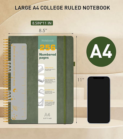 A4 Spiral Notebook Journal 8.5” x 11”, 256 Numbered Pages Hardcover Leather Journals for Women Men, Large Lined College Ruled Notebooks, 100GSM Thick Paper, Spiral Bound Journal for Work School, Green