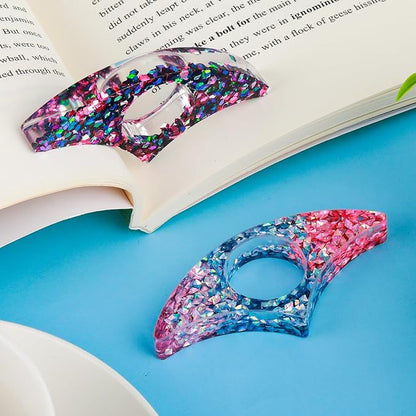 Rhinestones Book Page Holder, Glitter Crystal Thumb Book Holder, Sector Resin Book Opener Handmade Thumb Bookmarks Reading Accessories for Birthday Party Wedding Gifts(Purple Green+Pink Blue)