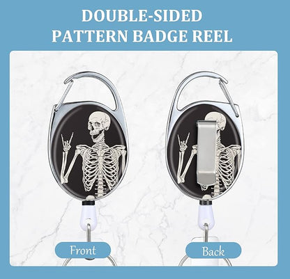 Bone Retractable Badge Reels - Double Sided Color Print Pattern Holders with Keychain, Clip and Key Ring - Durable Nylon Rope