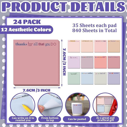 Yinder 24 Pcs Inspirational Sticky Notes with Lines Cute Motivational Sticky Notes Pad Employee Appreciation Gifts Bulk for Teacher Nurse Coworkers Office Supplies 3 x 3''(Aesthetics,Thank You)