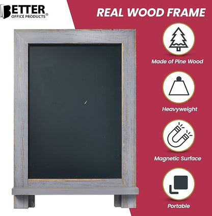 Better Office Products Framed Tabletop Chalkboard Sign, 9.5" x 14", Rustic Wood Frame, Small Magnetic Chalkboard with Built-in Ledge and Folding Stand, One White Chalk Marker Included,(Gray wash)