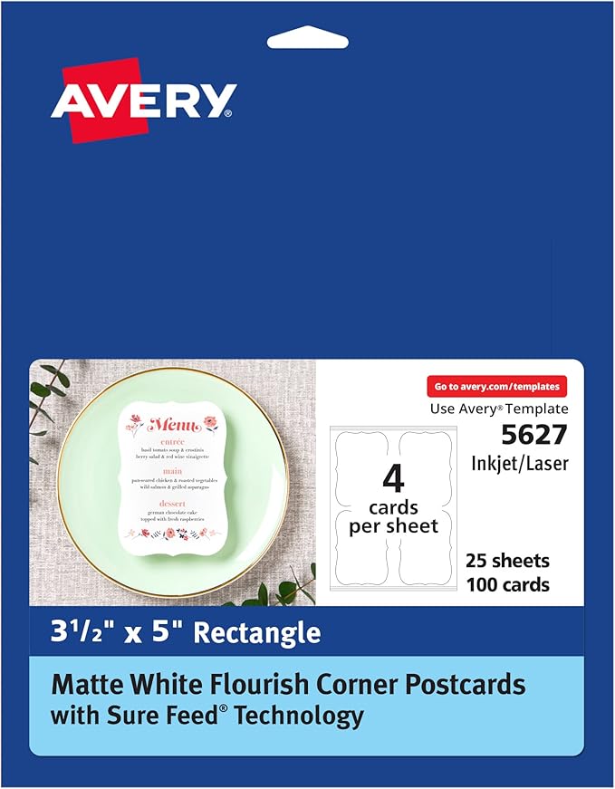 Avery Postcards with Flourish Edges and Sure Feed Technology, 3.5" x 5", Matte White, 100 Cards Total, Laser/Inkjet Printable Cards (5627)
