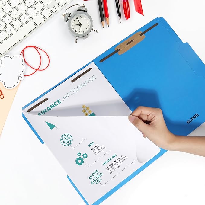 SUNEE File Folders with Fasteners, Manila Folders Letter Size, 2 Reinforced Fasteners, 1/3-Cut Tab, Blue Folders 50 Pack, Keep Organized for Your Office Documents School Files