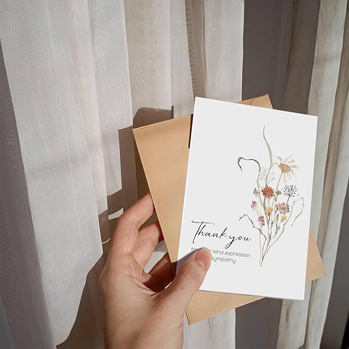 AUDREE 20 Pcs Funeral Thank You Cards with Envelopes Message Inside and Matching Stickers - Bulk 4×6 Watercolor Boho Wildflower Bereavement Thank You Cards For Funeral