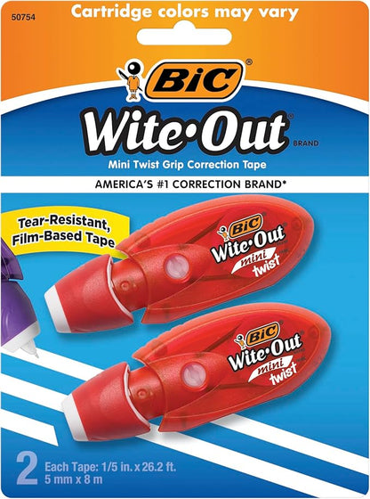 BIC Wite-Out Brand Mini Twist Correction Tape, 26.2 Feet, 2-Count Pack of white Correction Tape, Fast, Clean and Easy to Use Tear-Resistant Tape Office or School Supplies