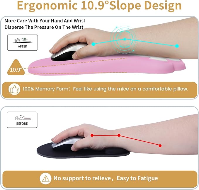 Ergonomic Mouse Pad with Wrist Rest,Cute Cat Paw Mousepad Wrist Support,Comfortable Massage Design Computer Pain Relief Mouse Pad with Non-Slip PU Base for Desk Laptop Gaming Office,Pink