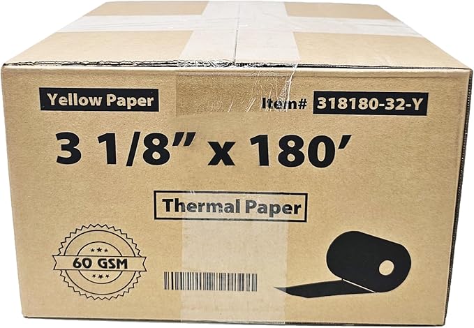 (32 Rolls) 3 1/8 x 180 Yellow Thermal Paper Receipt Rolls (55GSM Paper Thickness) fits all Clover POS Cash Register Printers, Blue Thermal Paper from BuyRegisterRolls