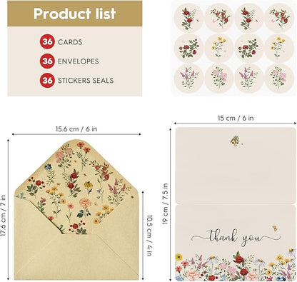 Artoid Mode 36 Pack Wildflower Thank You Cards Vintage Flower Greeting Cards Gift With Envelope Sticker Blank Note Cards for Birthday Wedding Baby Shower Bridal Shower, 4 x 6 Inch