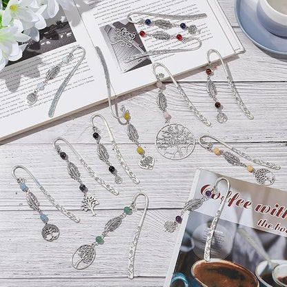 12pcs Tree of Life Bookmarks, Metal Crystal Bookmarks Vintage Gemstone Beading Bookmarks Alloy Leaf Book Markers for Reading Book Lovers Teacher's Day Delicate Gifts