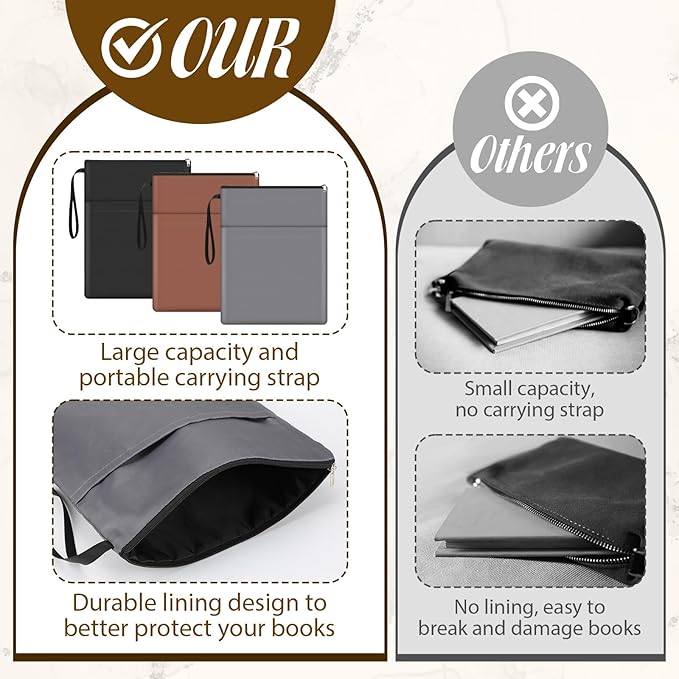 Aliceset 3 Pcs Book Lovers Gifts Book Sleeves with Zipper 11.8 x 9 inch Travel Book Covers Protector Pouch Bag with Pocket Handle Strap for Hardcover Paperback Washable (Black, Dark Brown, Dark Gray)