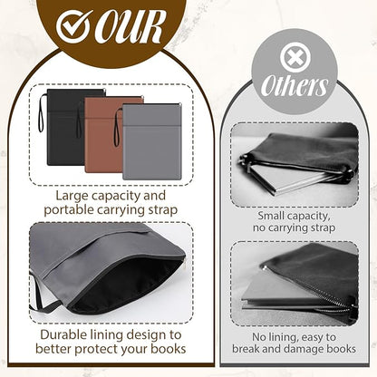 Aliceset 3 Pcs Book Lovers Gifts Book Sleeves with Zipper 11.8 x 9 inch Travel Book Covers Protector Pouch Bag with Pocket Handle Strap for Hardcover Paperback Washable (Black, Dark Brown, Dark Gray)