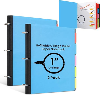 Pivotable Refillable Notebook, Notebook with Dividers and Tabs, 50 College Ruled Paper, 5 Plastic Tabbed Subject Dividers, 200 Sheets Capacity- Blue