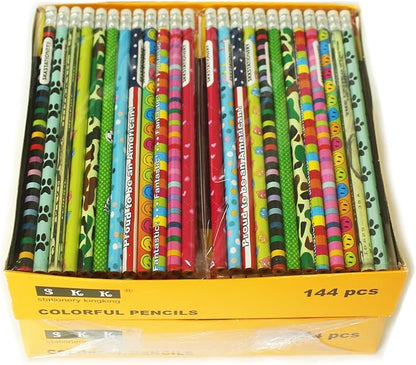 SKKSTATIONERY 288pcs Assorted Colorful Pencils Wooden Pencil with Eraser Pencil Assortment, Novelty Kids Awards & Incentives Pencils