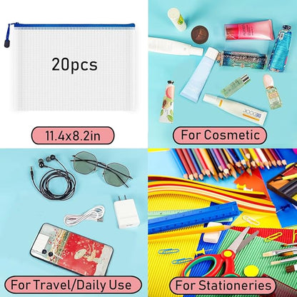 AUSTARK 20 Pcs Zipper File Bags, Plastic Mesh Pouch, Board Game Storage Bag, Waterproof Bags for Office School (B5 Size 11.4''x8.2'', White and Blue)