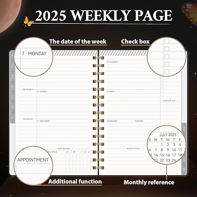 2025 Planner Weekly & Monthly Agenda Book, Daily Planner Hardcover, 2025 To Do List Notebook with Monthly Tabs, Pocket, Spiral Bound, Elastic Closure, Thick Paper(6 * 8.5) Butterfly